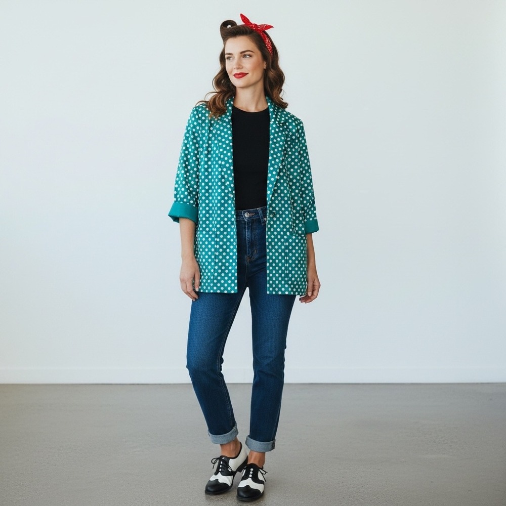 Vintage‎ 80s Polka Dot Blazer Boxy Leslie Fay 12 Teal White Silky Oversized